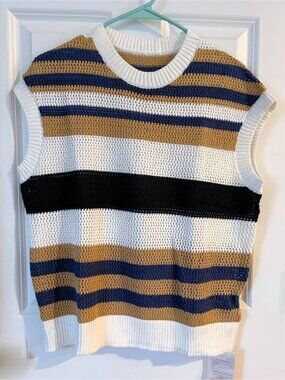 Lightweight Striped Cotton Summer Crochet Sweater Top Cap Sleeves Size M